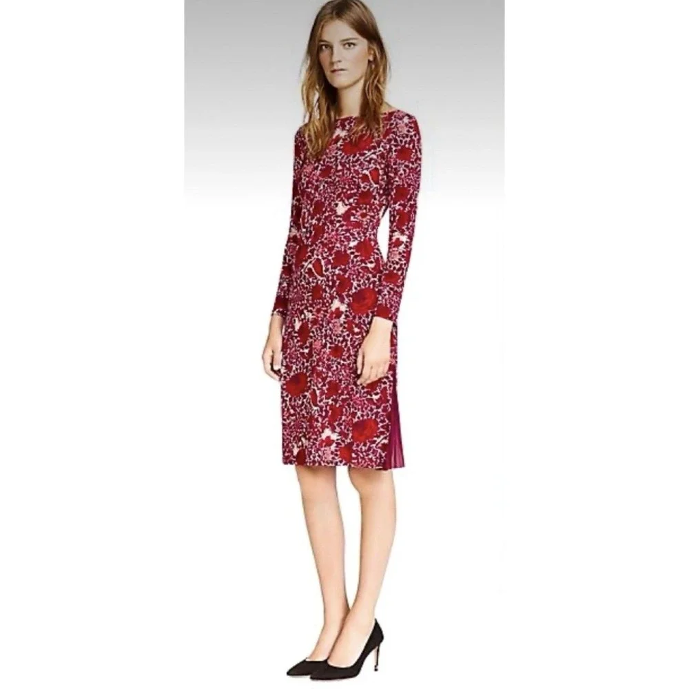 Tory Burch Ria Red Butterfly Floral Dress S Sheath Pleated Side Slit Long Sleeve